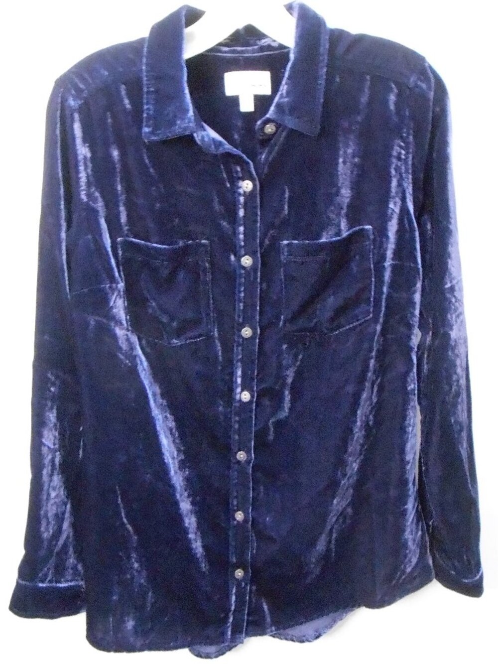 Sonoma Goods Women's Navy Blue Button Up Long Sleeve Crushed Velvet Shirt Size-S